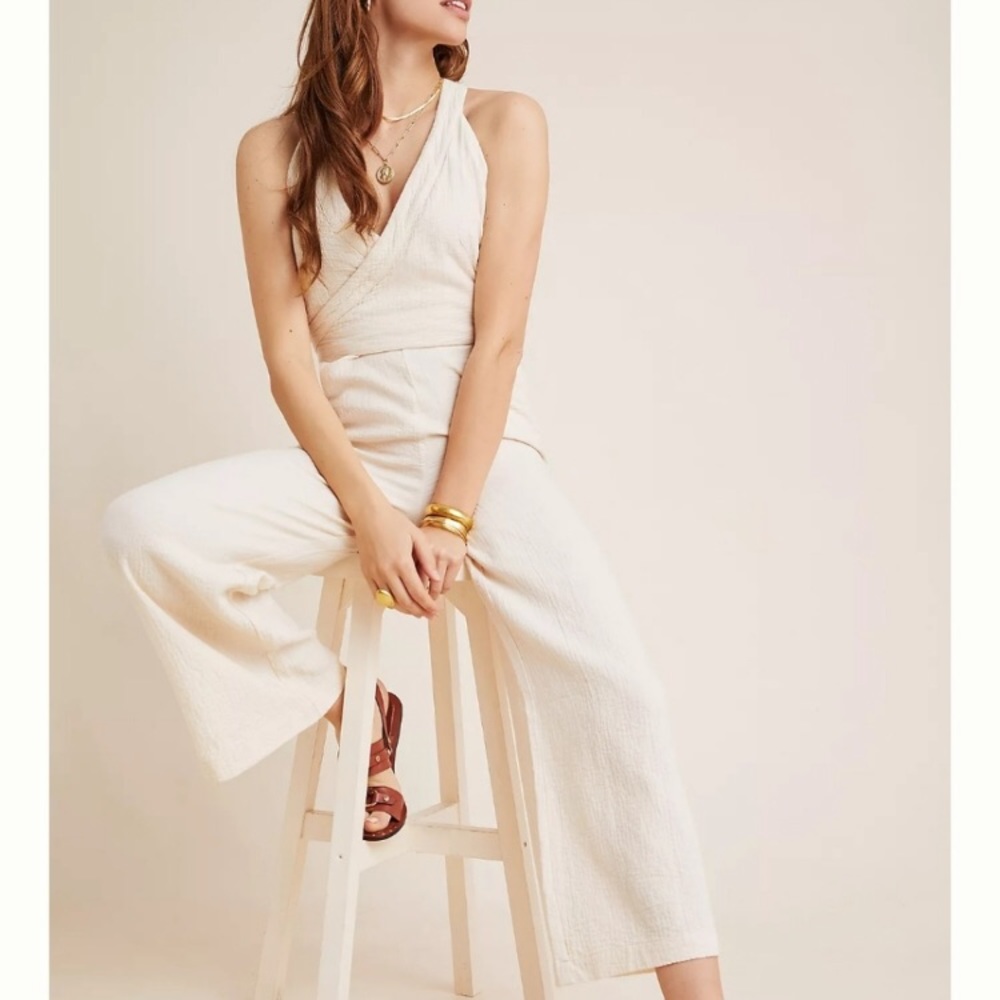Anthropologie Ivory Gauze Cotton Overalls 10 NWOT